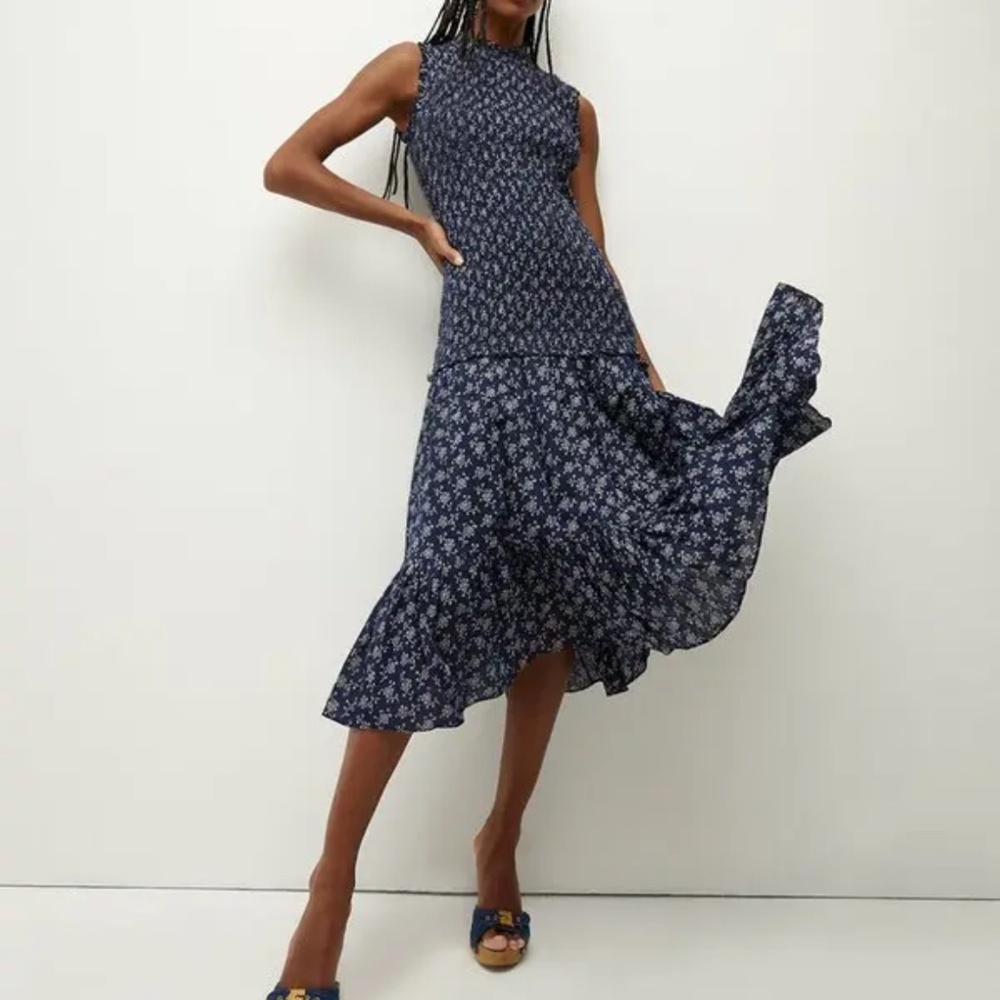 VERONICA BEARD Navy White Floral Smocked Maxi Dress 100% Cotton Size 6